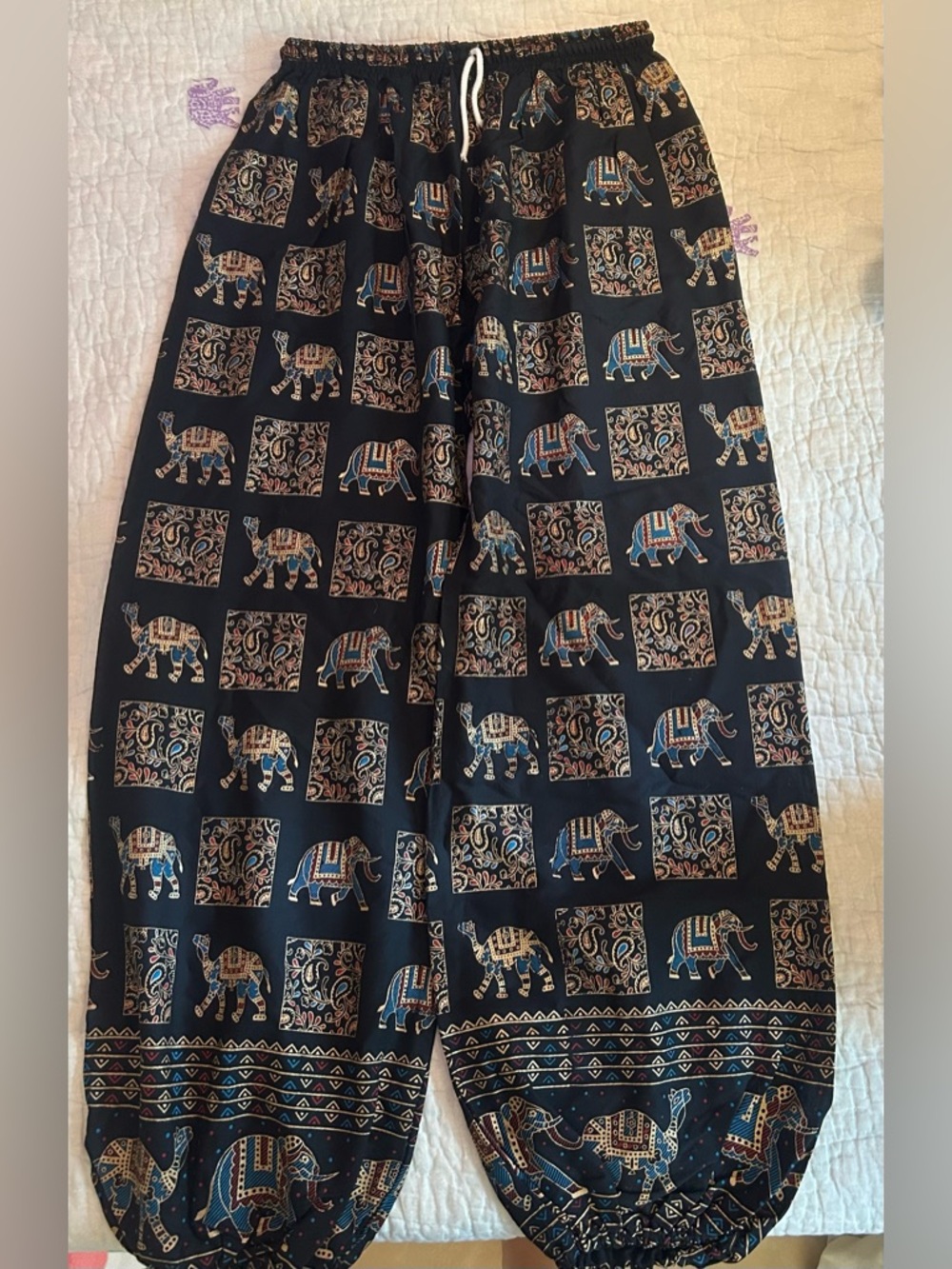 Black Elephant Print Harem Pants with Blue & Cream Accents from India